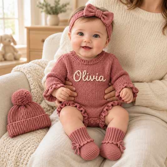 Personalized Knit Romper with Name and Ruffles, Optional Matching Accessories