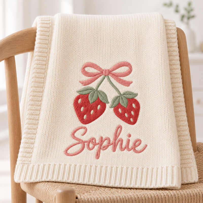 Strawberry & Bow — digital styling preview with an example embroidered name