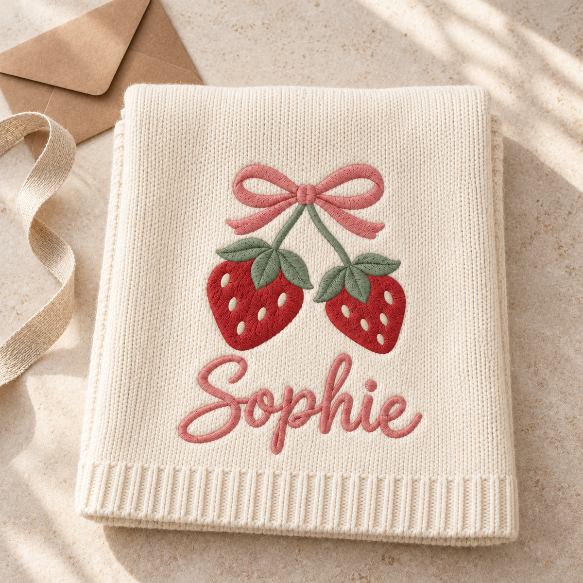 Digital design preview: two strawberries with green leaves and a pink bow with an example personalized name on a knit blanket