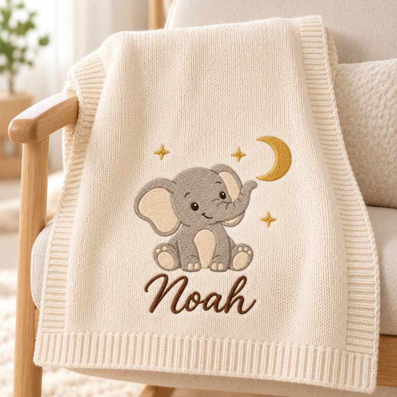 Elephant & Moon — digital styling preview with an example embroidered name