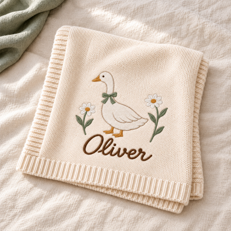 Goose & Daisies — digital styling preview with an example embroidered name