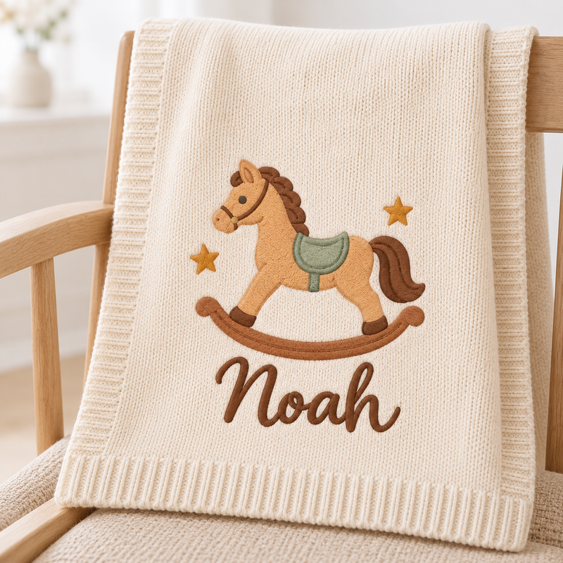 Rocking Horse — digital styling preview with an example embroidered name