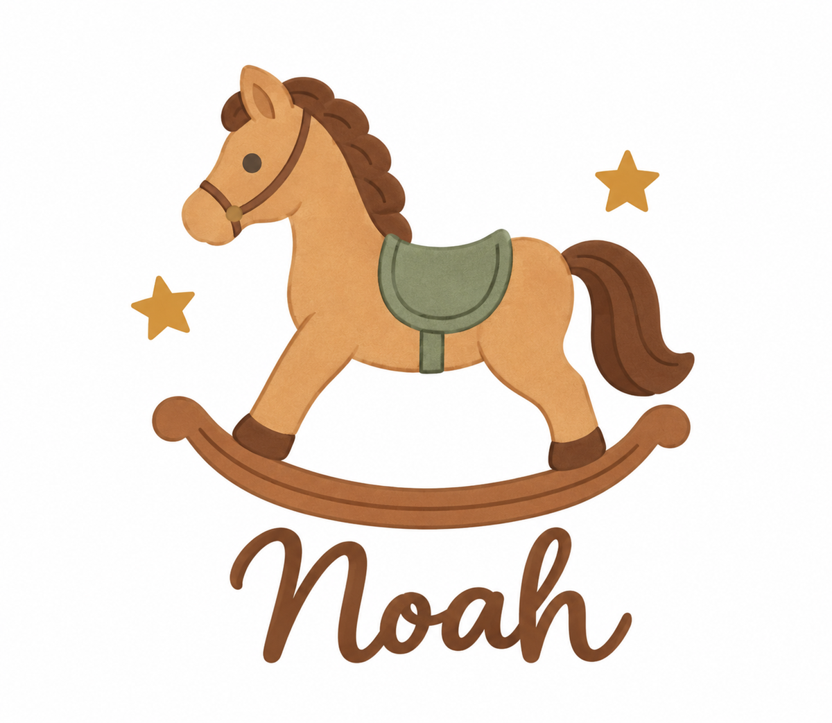 Digital design preview: a vintage-style rocking horse with a sage saddle and two stars with an example personalized name on a knit blanket