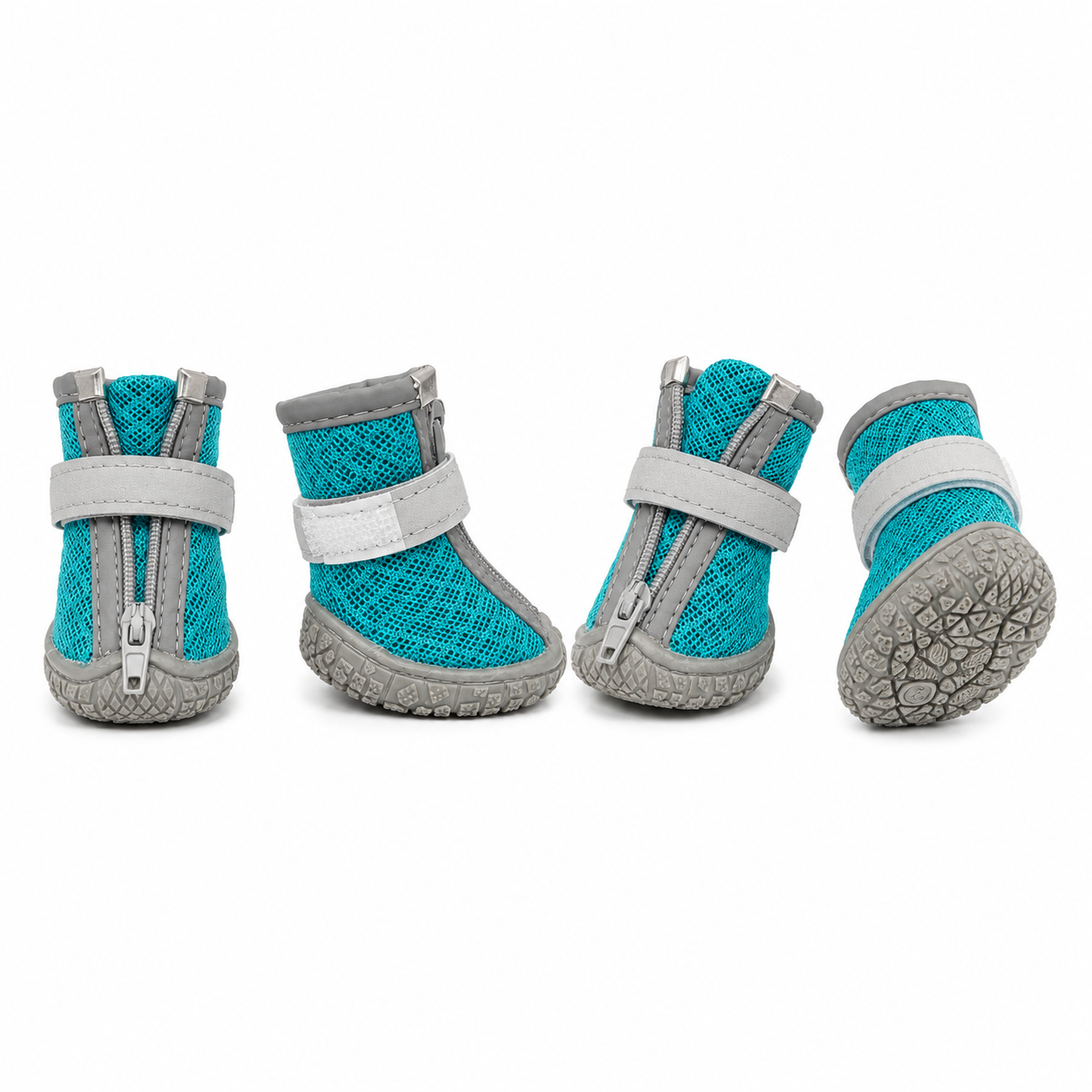 Four views of the CozyVale teal dog boot showing the zip, strap, upper, and sole