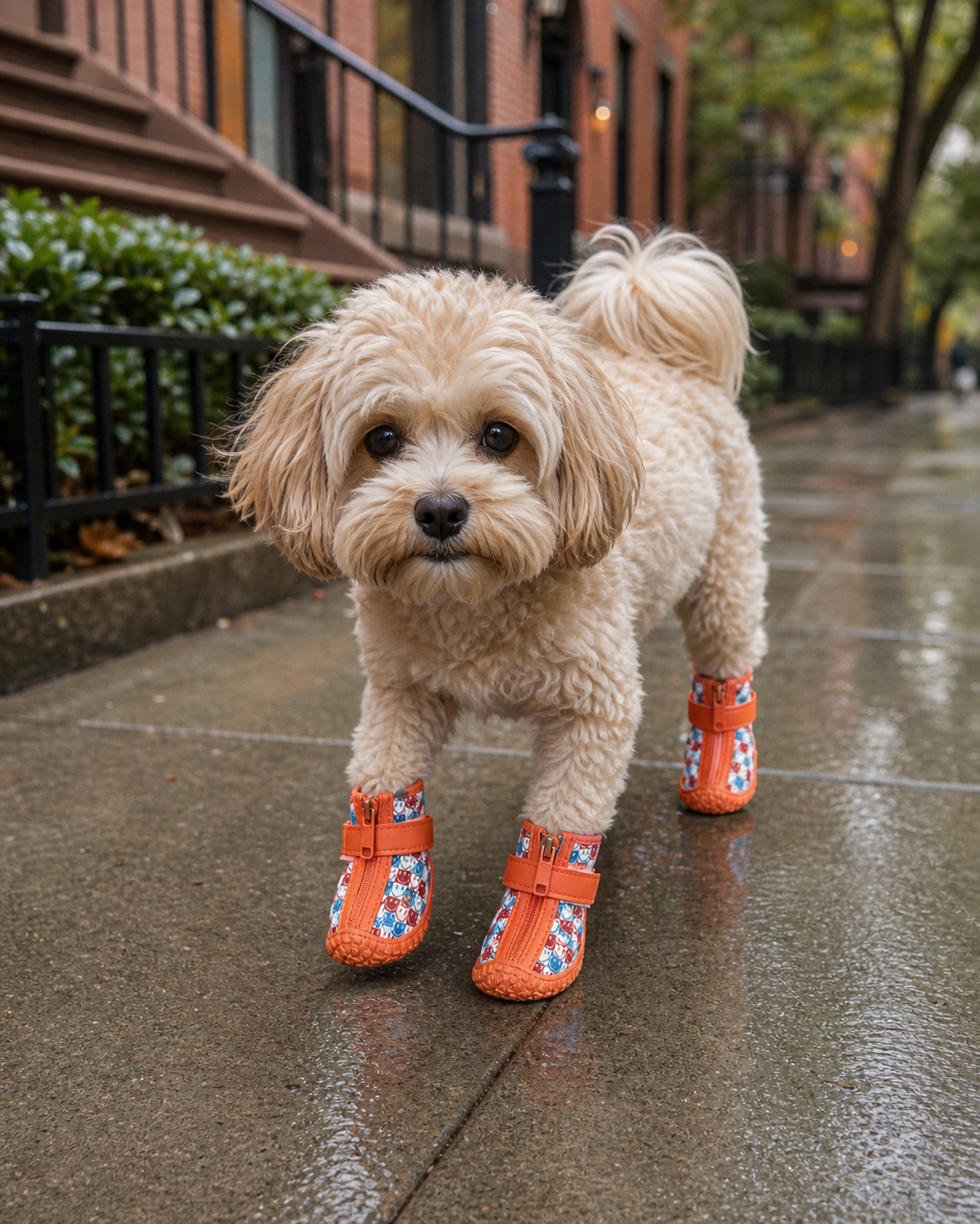 Small dog wearing orange CityStep boots on a damp neighborhood walk