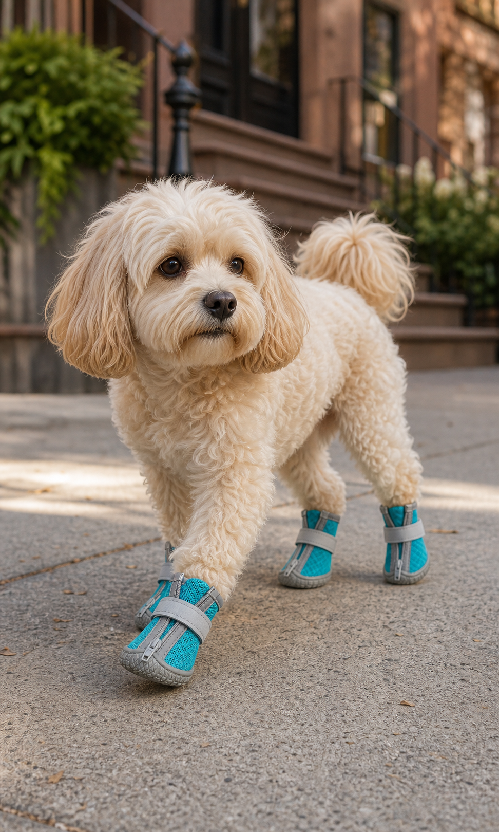 Small dog wearing teal CityStep boots on a dry neighborhood walk
