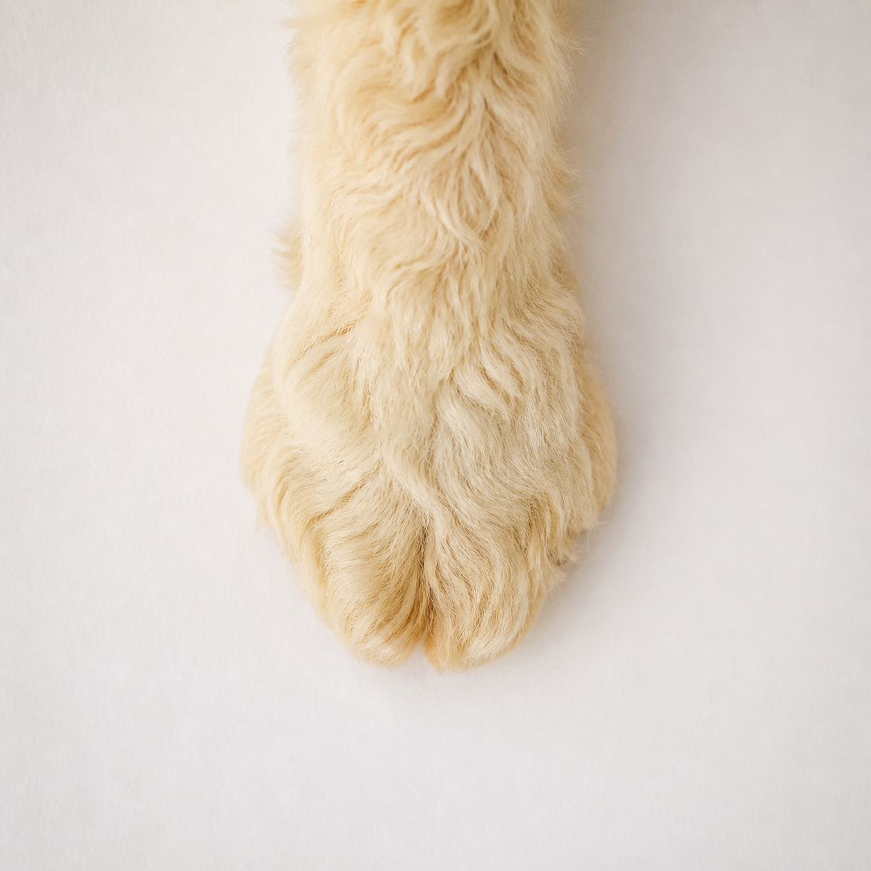 A cream-colored dog paw standing naturally on white paper