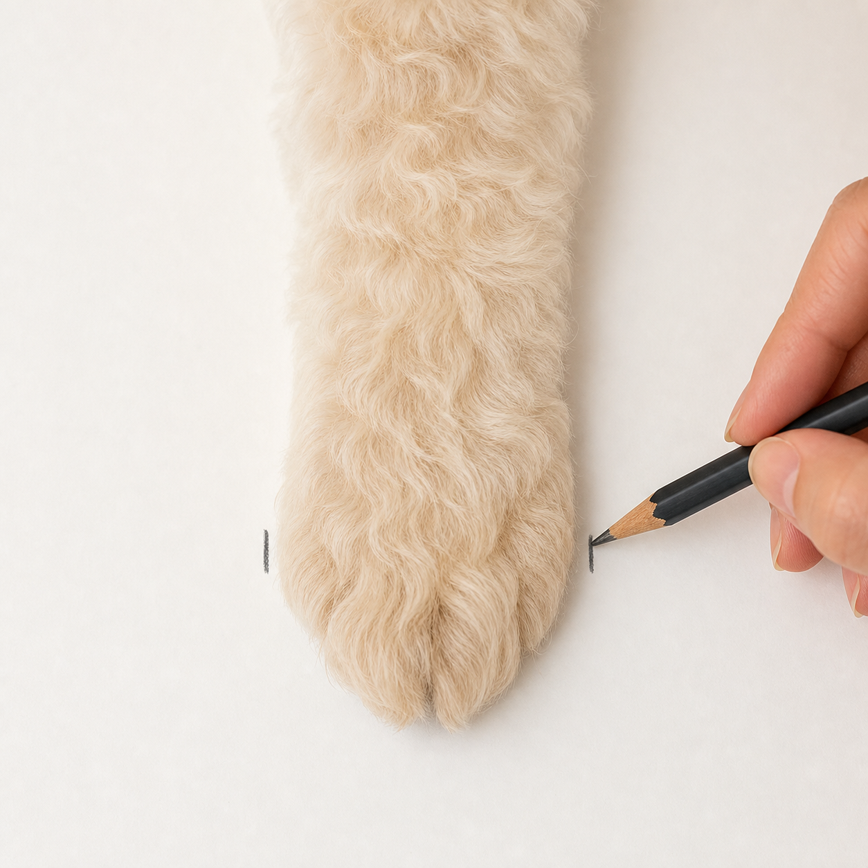 A hand marking the widest points on a cream-colored dog paw