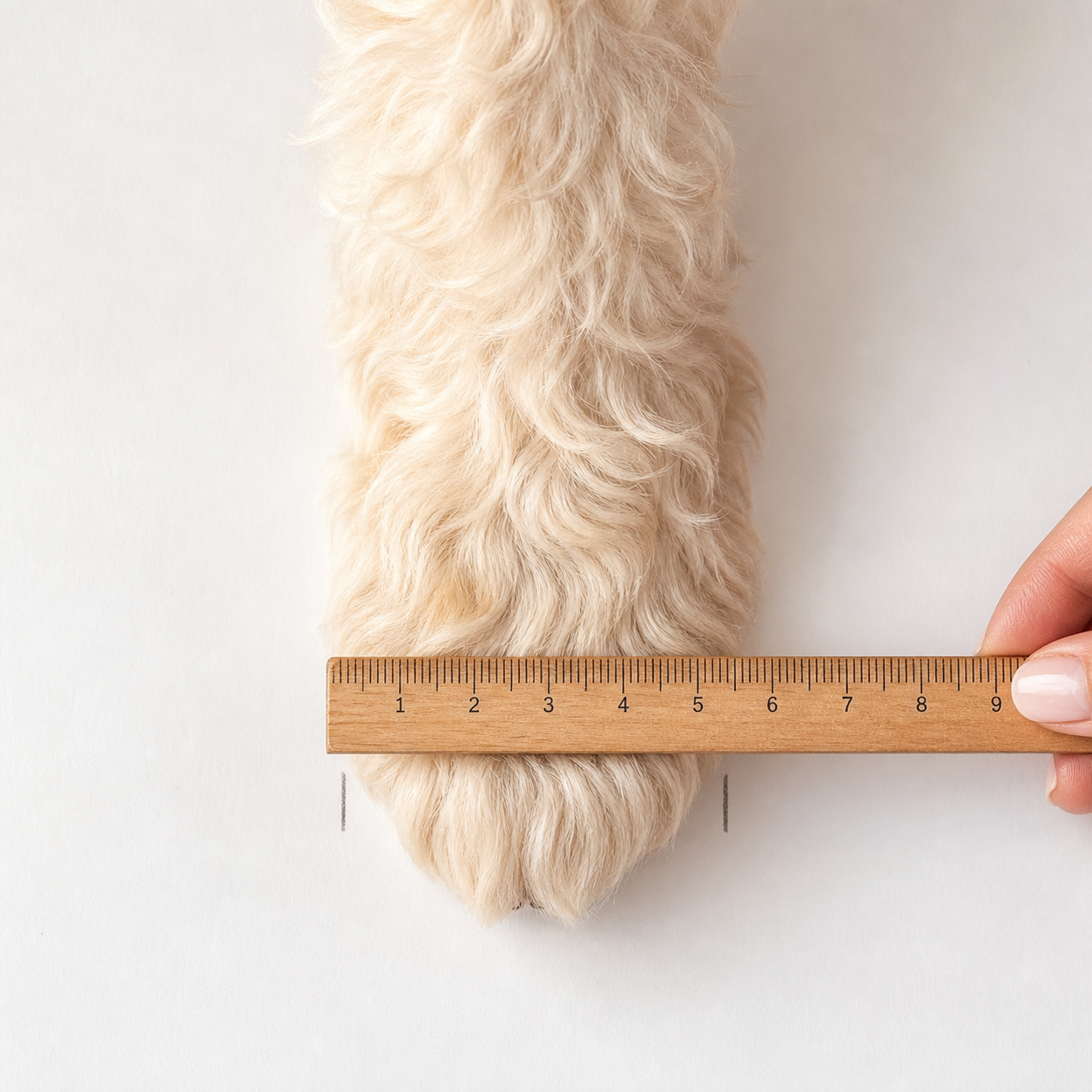 A ruler measuring the width between marks on a cream-colored dog paw