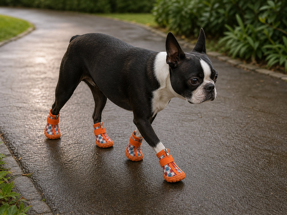 Black-and-white Boston terrier wearing orange PuddlePop dog boots on damp ground