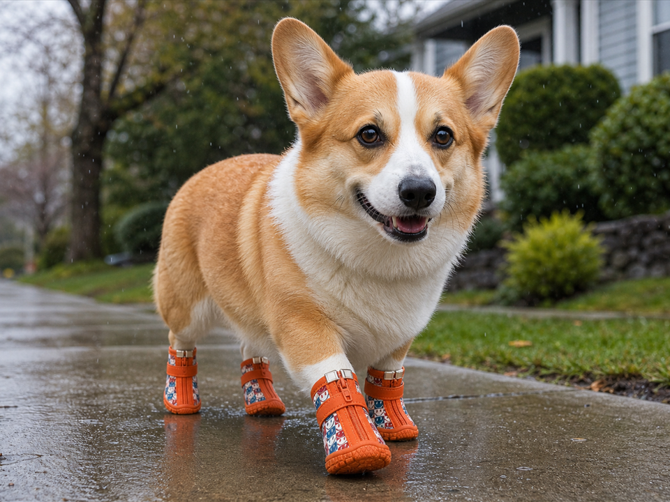 Corgi wearing orange PuddlePop dog boots on a drizzly walk