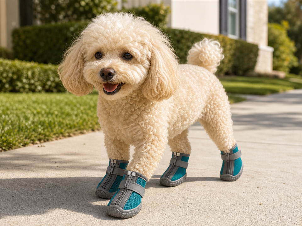 Cream poodle wearing blue-green AirNest dog boots on an everyday dry walk