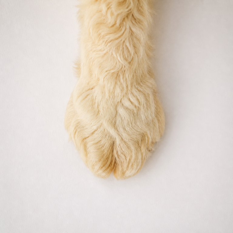 A cream-colored dog paw standing naturally on white paper